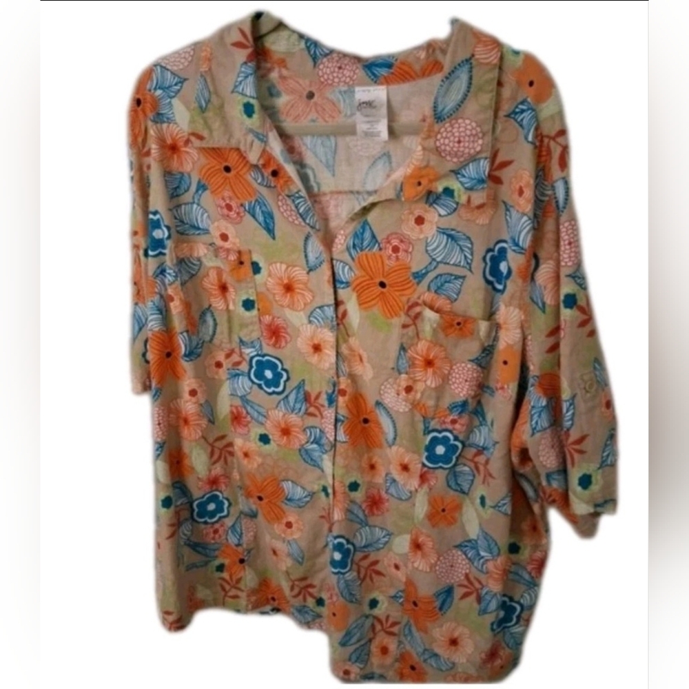 Just My Size Linen Blend Bright Flora Button-upl Top Size 4X